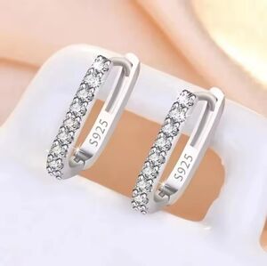 NEW STERLING SILVER RECTANGLE HOOP EARRINGS WITH CZ